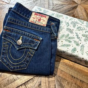 Women’s True Religion jeans, size 26, flared leg, twist seams, low rise